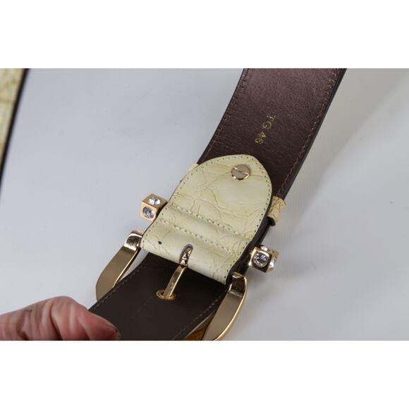 Wide Croc Embossed Leather Belt Size 46 Cream Gold Crystal Buckle main image 5